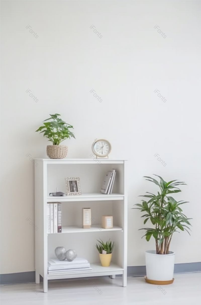 整洁的书架置物架上方摆着时钟和书籍和盆栽绿植室内家具白色的墙面,高清,摄影图,摄影图片,图片大全,摄影图免费下载